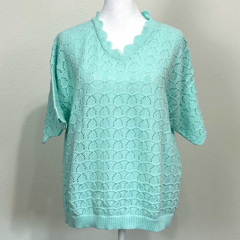 Blair Vintage Aqua Sweater XL Womens 80s Turquoise Short Sleeve Made in USA
